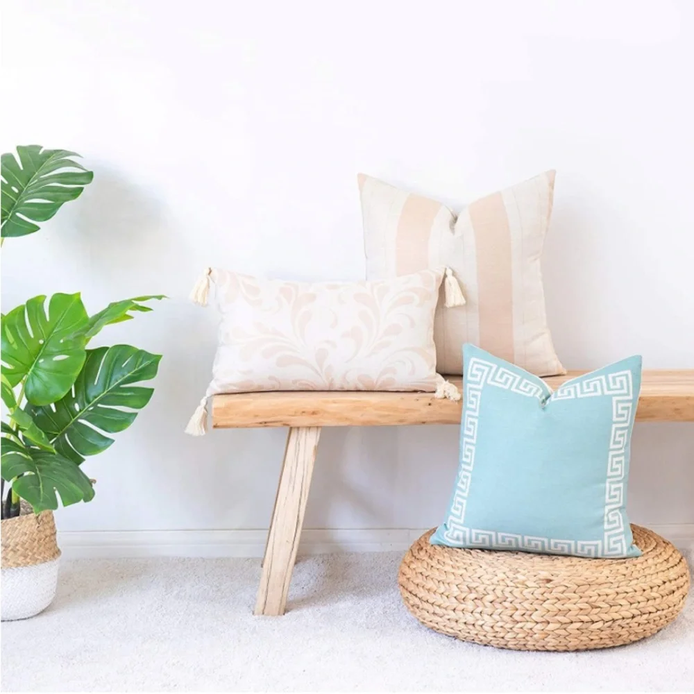 Luxury Home | Sophisticated Aqua & Ivory Greek Key Trim Luxe Throw Pillow Cover